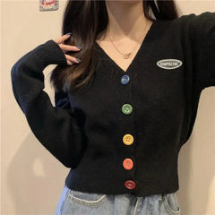Hnewly  Cardigan for Women Long Sleeve Knitted Sweaters Sweater Cropped Crochet Kawaii V Neck Cardigans Woman Black Tops Cute Trend
