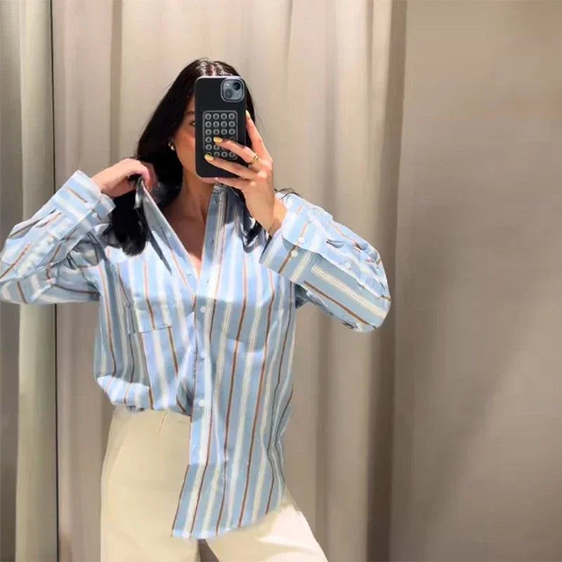 Hnewly  Casual Colorful Stripe Shirts Women Loose Lapel Single Breasted Long Sleeve Female Blouse Summer Lady All-match Tops