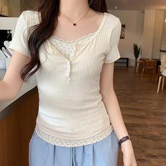 Hnewly Korean Style Chic Patchwork Short Sleeve T-shirts Women Spring Summer O-neck Slim Tee Shirt Sweet Woman Cute Short Tops
