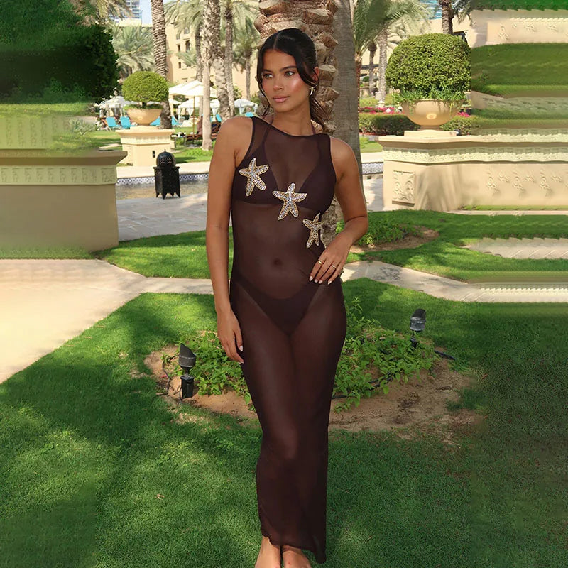 Hnewly  3d Starfish See Through Beach Long Dress Women Slim O-neck Sleeveless Backless Lace Up Dresses Summer Mesh Holiday Robes
