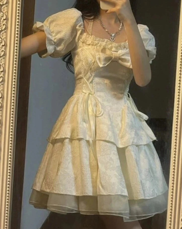 Hnewly DRESS TO IMPRESS Korean Sweet Kawaii Dress Women Summer 2024 White Japanese Cute Party Mini Fairy Dress Bubble Sleeve Casual France Elegant Dress