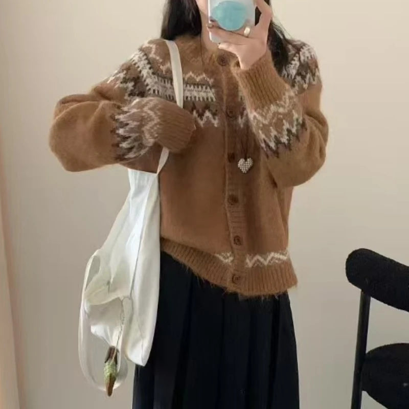 Hnewly  Fair Isle Sweater Cardigan Women Long Sleeve Button-Up Crewneck Knitted Jacket Cardi Female Knitwear Fall Winter Vintage Outfit