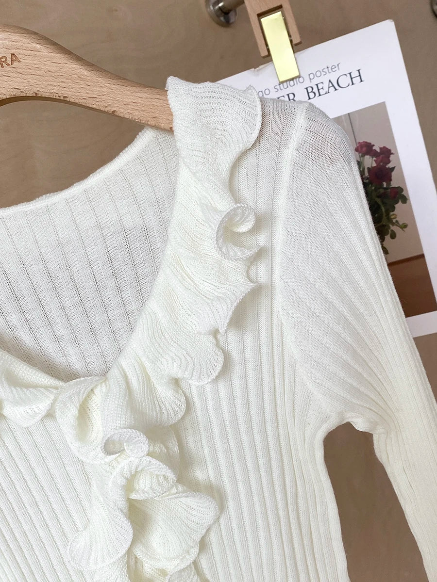 Hnewly  Women's Ruffled Sweater Long Sleeve Slim Fit Rib Knit Top Pullover Jumper Ladies Knitwear Autumn Winter Fairycore Outfit