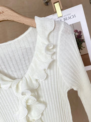 Hnewly  Women's Ruffled Sweater Long Sleeve Slim Fit Rib Knit Top Pullover Jumper Ladies Knitwear Autumn Winter Fairycore Outfit