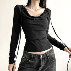 Hnewly  fashion sexy v-neck bow lace up t-shirts slim fit white casual top for women early autumn new long sleeve tee shirt