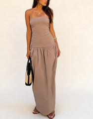 Hnewly  Autumn New  Women's Strapless Sleeveless Slim Bodice and Relaxed Maxi Dress Ruched Waist and Flowy Solid Color Skirt