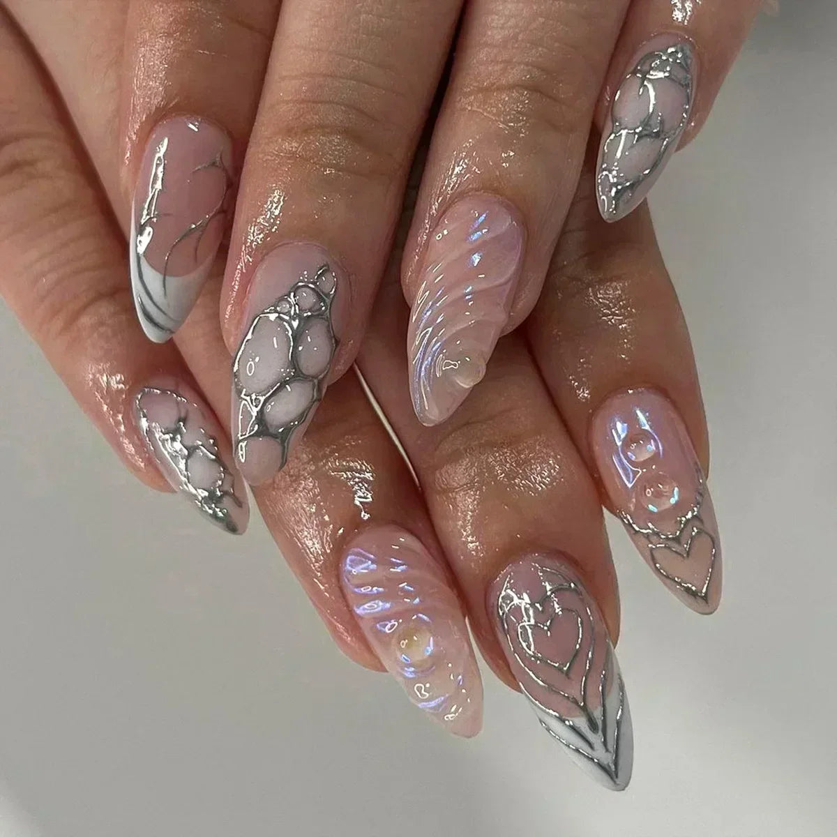Hnewly 24Pcs White Almond False Nails Ballet with French Design Wearable Fake Nails Gradient Simple Full Cover Press on Nail Tips Art