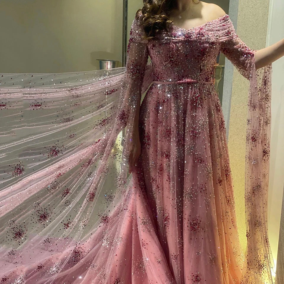 Hnewly  Charming Pink Boat Neck Shiny Sequin Tulle Evening Dress A-Line Floor Length Sweep Train Custom Made Zipper Prom Dress
