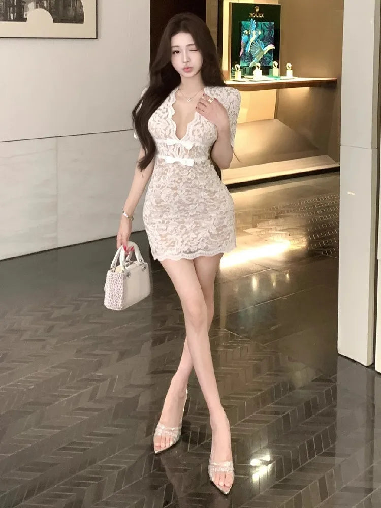 Hnewly  Women Dress Lace Patchwork V Neck Bow Short Sleeve Hollow Out Elegant Slim Party Mini Dresses Fashion Temperament