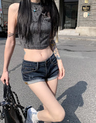 Hnewly Women's Low Rise Elastic Tight Curled Denim Shorts Summer New Hot Girl Street Casual Hip Wrap Sexy Mini Shorts Female