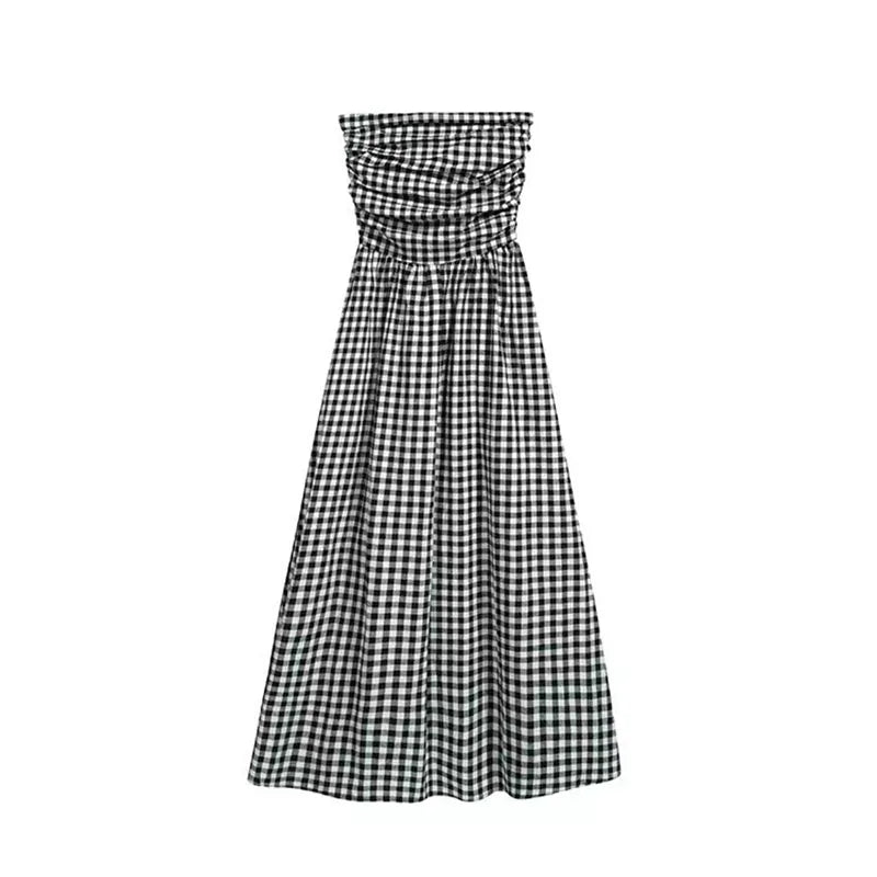 Hnewly Vintage Plaid Dress Women Summer Korean Elegant Tube Top All-Match Midi Dress Y2K Folds Off Shoulder Holiday Beach Vestidos