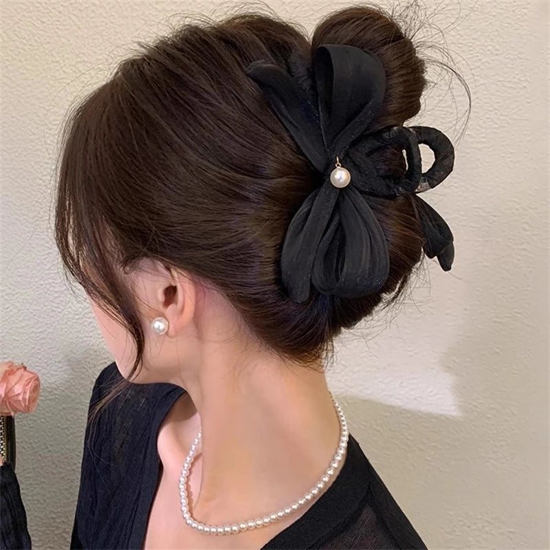 Hnewly New Vintage Black White Bow Hair Claw Clips Women Large Fashion Korean Bowknot Hairpins Crab Ponytails Hair Accessories Female