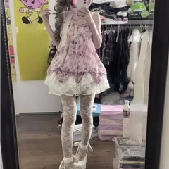 Lunivop  Vintage Harajuku Lace Pleated Drastring Sling Dress Y2k Japanese Sweet Lolita Cute Flower Print Puffly Dresses Punk Girl Clothes