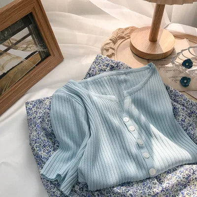 Hnewly  Knitted Short Sleeved T-shirt Sweater Women Spring  Summer 2025 Thin Loose V-neck Single Breasted Top Solid Short Cardigan Coat