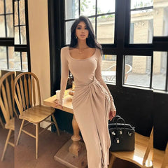 Hnewly Women Dress French Simple Light Luxury High-end Square Neckline Long Sleeve Strap Design Hip-covering Long Dress Slight Strech