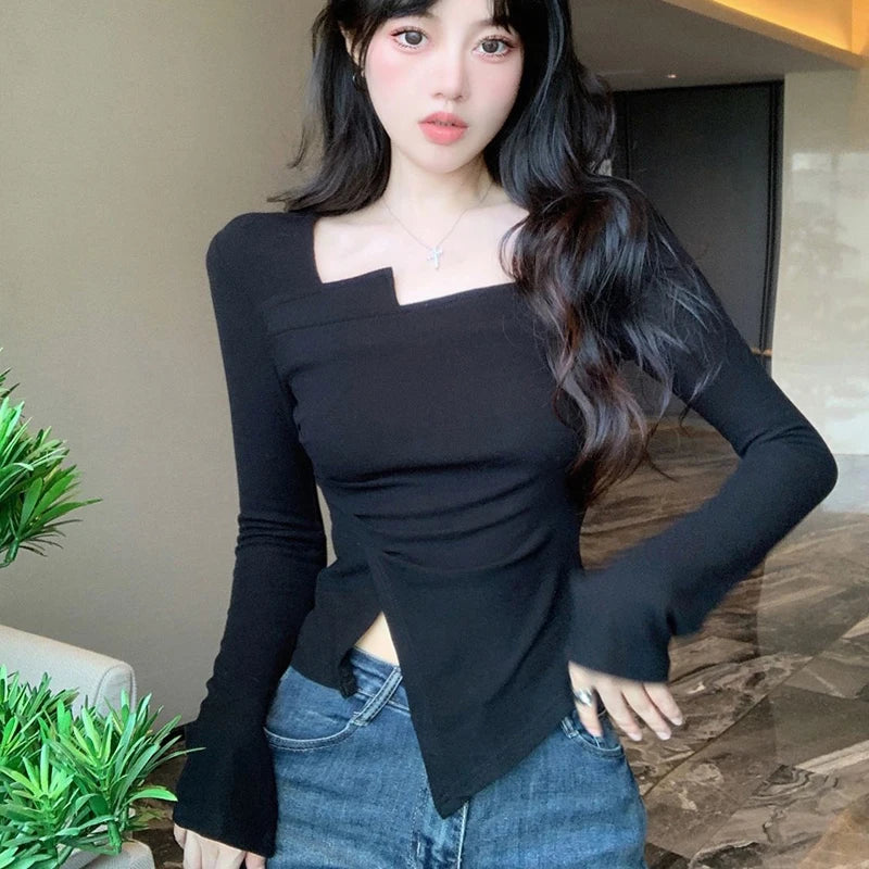 Hnewly Irregular T Shirt for Women Autumn Slim Crop Top Korean Style Long Sleeve Tees Y2k Solid Ladies Tshirts Femme Clothing New
