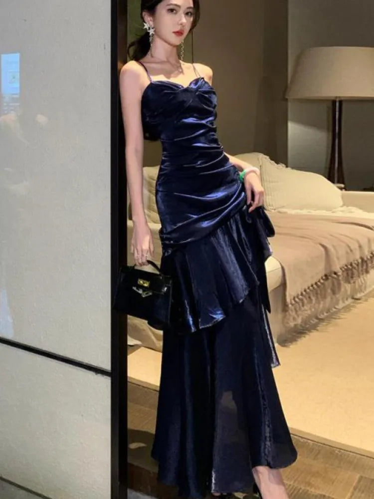 Hnewly Women Blue Elegant Sexy  Long Dresses French  Pleated Slip Sleeveless Prom Vestidos Birthday Evening Party Dress