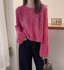 Hnewly  Cable Knit Crop Sweater for Women Long Sleeve Crew Neck Pullover Boxy-fit Plain Jumper Teen-girl Fall Winter Y2K Outfit