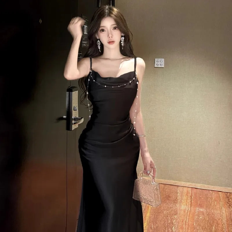 Hnewly  Sexy Dresses Women Sleeveless Slash Neck Satin Elegant Slim Summer Fashion Temperament Party Dress Female Sexy Backless