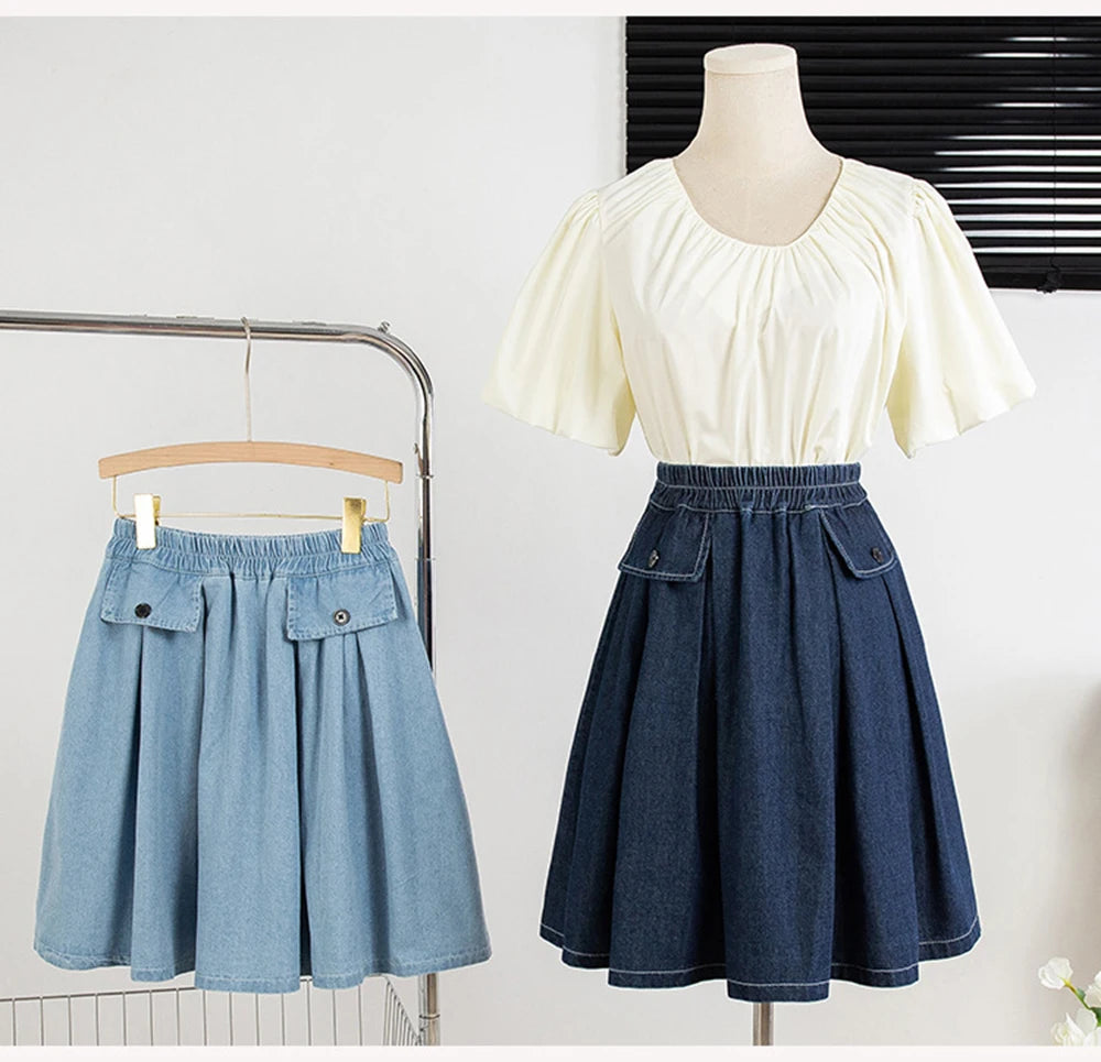 Hnewly M-5XL Oversize Denim Skirt Women's New Elastic High Waisted A-line Loose Fit Retro Knee-length Skirt with Built-in Safety Shorts