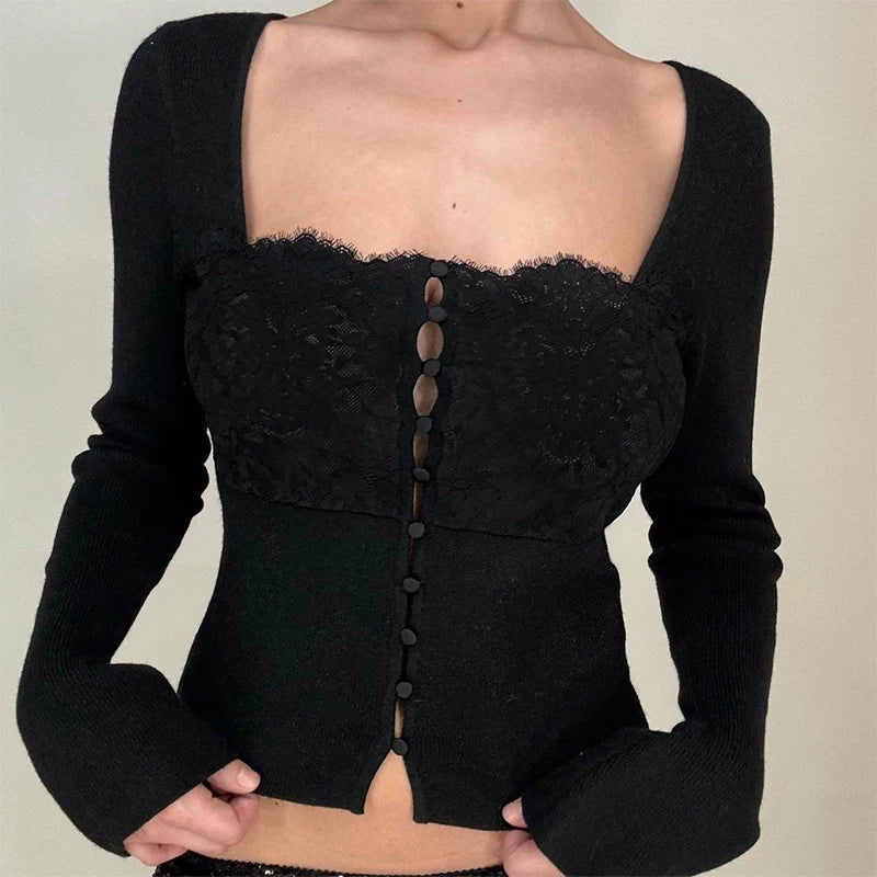 Hnewly Sexy Square Neck Long Sleeve Top Casual Women Up Cardigan Crop Tops Y2K Fashion Solid Spring Summer Streetwear T shirt