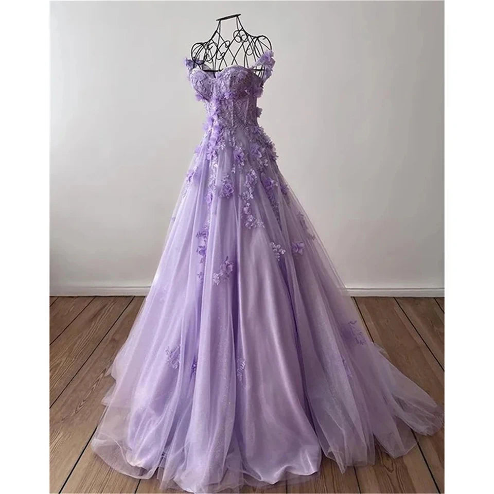Hnewly  Charming Sweetheart Neck Spaghetti Strap Appliques Formal Evening Dresses Tulle Sweep Train A-line  Party Prom Gowns