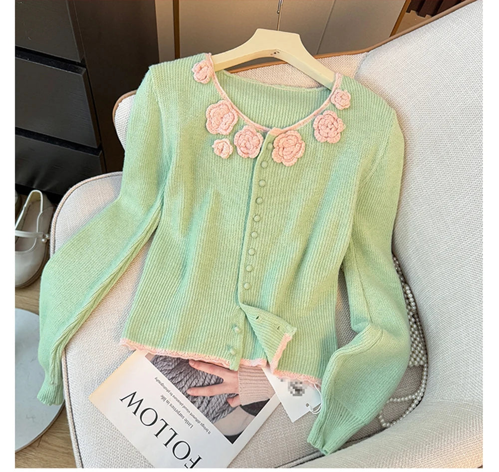 Hnewly  Flower Appliques Round Neck Knit Sweater Women's Sweet Long Sleeve 2025 Early Autumn Knitwear Loose Single Breasted Design Tops