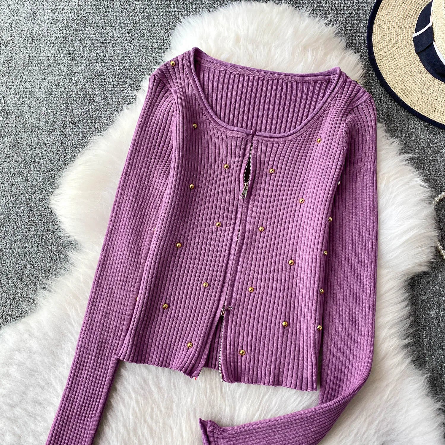 Hnewly  Beading Knitted Striped Zippered Sweater Cardigan Women's Spring Autumn O-Neck Top New Loose Harajuku Long Sleeved Outwear