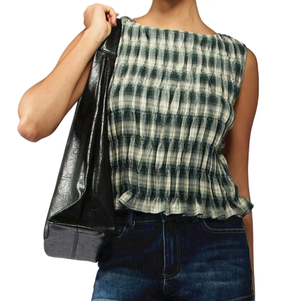 Hnewly Women Tank Tops y2k Clothes Summer Plaid Print Crew Neck Sleeveless Pleated T Shirts Vest Streetwear for Casual Daily