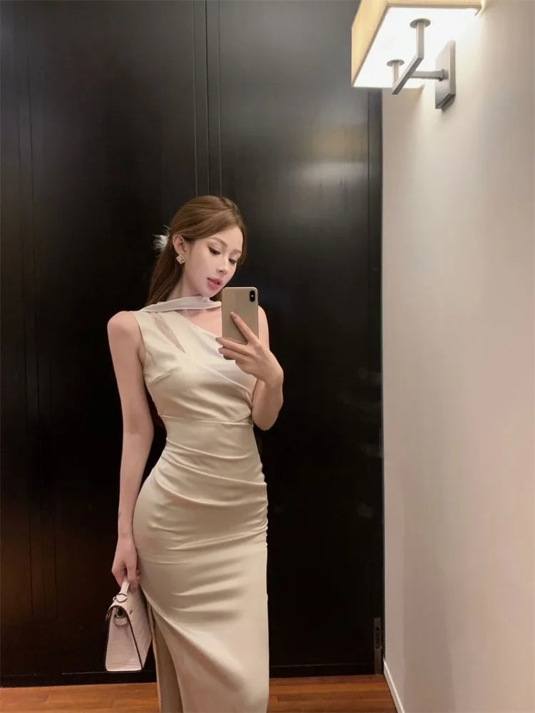 Hnewly  Woman Dress Lace Patchwork Sleeveless Diagonal Collar Satin Split Solid French Style Temperament Party Dresses Elegant