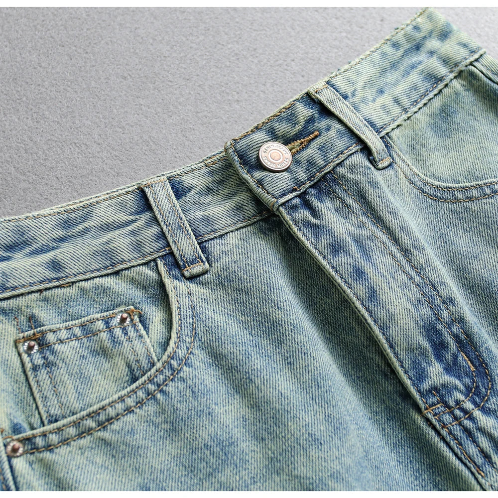 Hnewly  Splitted High Waisted Denim Skirt Women's Versatile Mid Length Jeans Skirt Autumn Light Color Fashion Double Pocket Skirts
