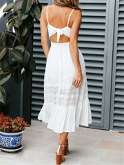 Hnewly  Summer Boho Long Dress Women Sleeveless Lace Pleated Beach White Dress for Evening Party Casual Dresses Vestidos Fashion