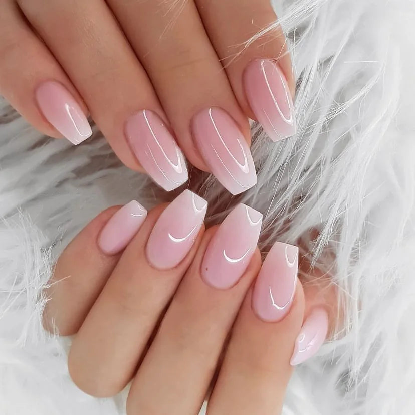 Hnewly 24Pcs Gradient Pink Fake Nails with Glue Mid-length Ballet False Nails  Sequins Design Press on Nails Wearable Press on Nails