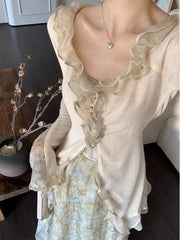 Hnewly 2025 Spring New Slim Fit Ruffles Long Sleeve Tops Women+ Y2k Mid-length Flower Print Skirts  Chinese Style Two Piece Sets