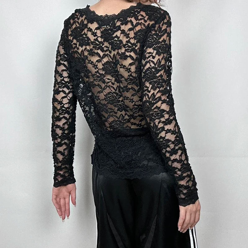 Hnewly Sexy Black Lace Crop Top Solid Transparent Button-up T-shirt Smock Women Full Sleeve V-neck Club Tees Shirts Y2k Vintage