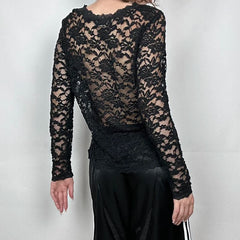 Hnewly Sexy Black Lace Crop Top Solid Transparent Button-up T-shirt Smock Women Full Sleeve V-neck Club Tees Shirts Y2k Vintage