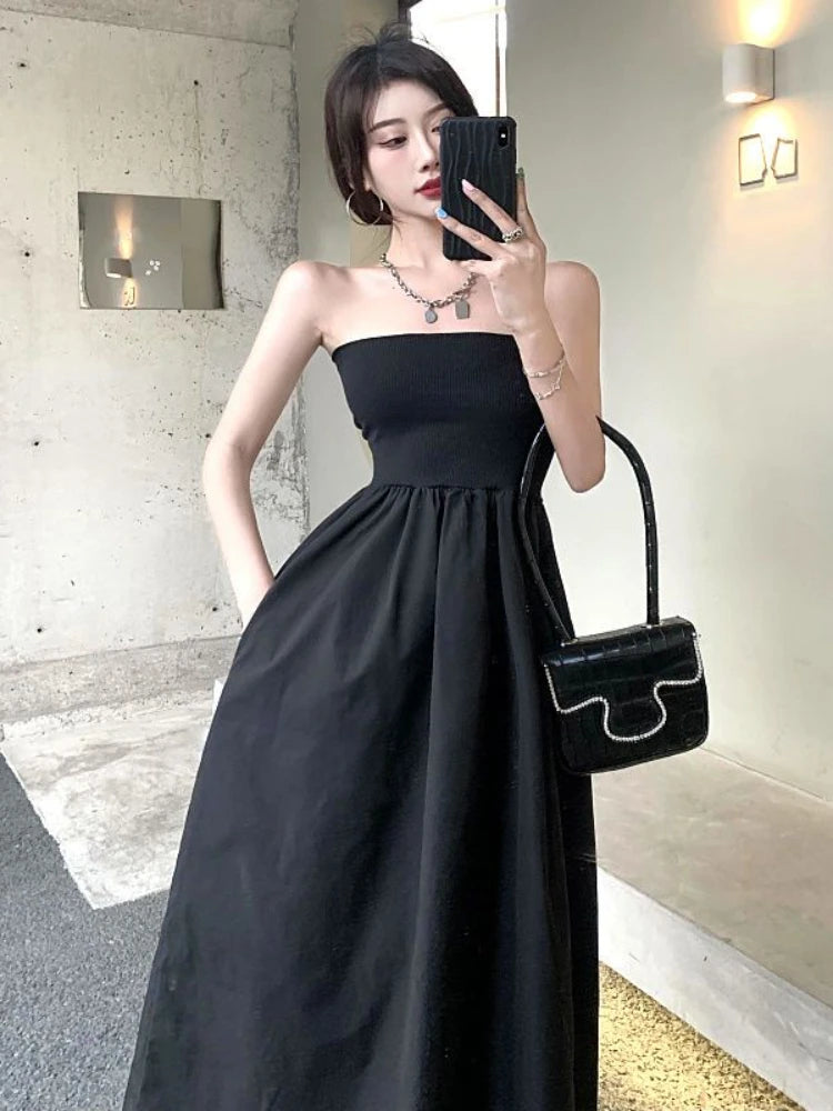 Hnewly Dresses Women Design Simple Elegant Strapless Charming Streetwear Classic Solid Prevalent Vacation Ladies A-line European Style