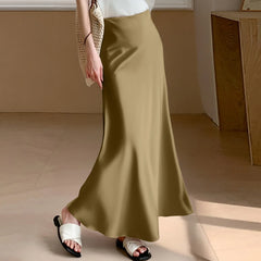 Hnewly  Ladies' Temperament French Style Fashion Dress Casual Solid High-waist Thin Glossy Silky Medium-length Fishtail Half-body Skirt
