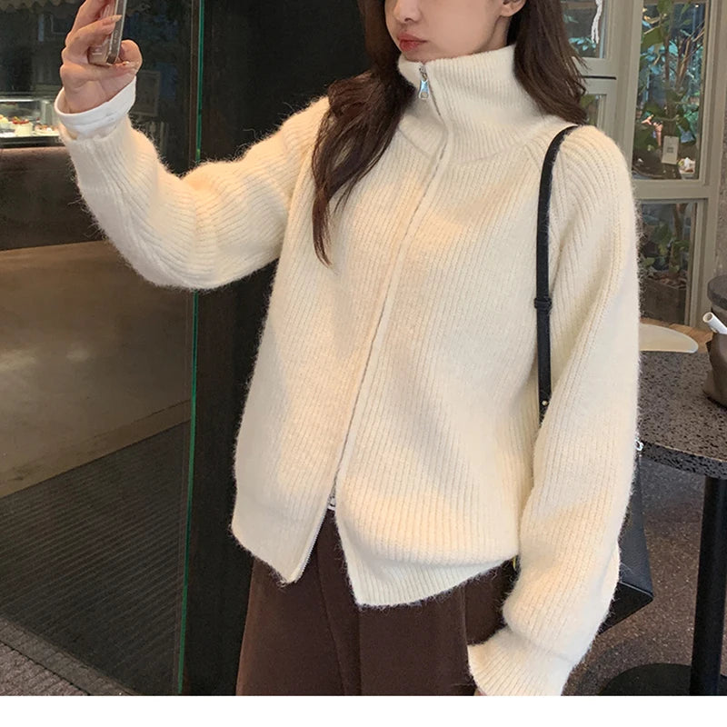 Hnewly  Women Zip Up Sweater High Neck Zipper Front Knit Cardigan Sweater Jacket Ladies Autumn Winter Korean Fashion Outfit