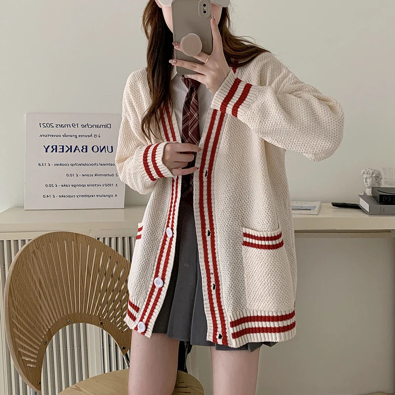 Hnewly  Women Cardigan Sweater Varsity Striped Front Pocket Long Sleeve Button-up Knit Sweater Jacket College Student Girl Preppy Style