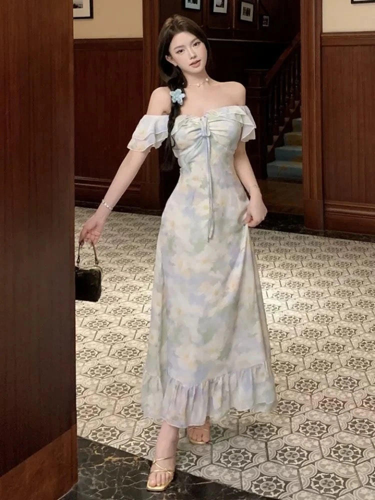 Hnewly  Dresses Women Temperament Floral Printed Ruffles Patchwork Bandage V Neck Elegant Summer Fashion Female Dress Casual