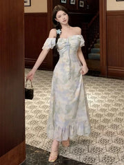 Hnewly  Dresses Women Temperament Floral Printed Ruffles Patchwork Bandage V Neck Elegant Summer Fashion Female Dress Casual