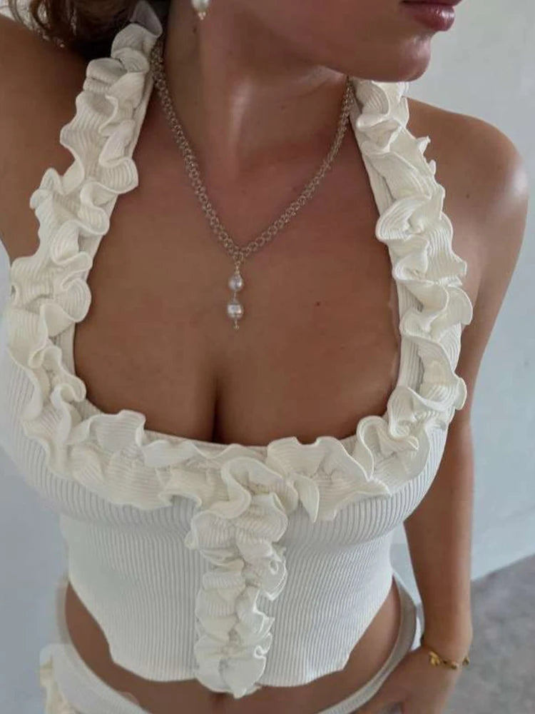Hnewly  Ribbed Casual 2 Piece Set Women Ruffles Square Collar Backless Tank Tops+Skinny Shorts Versatile Style Trend Outfits
