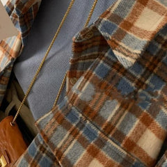 Hnewly Plaid Woolen Shirts Women Tops Vintage Baggy Casual Outwear Fashion Korean Style Pockets All-match Chic Lapel Camisas De Mujer
