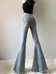 Hnewly  High Waist Flare Jeans Women Vintage American Style Wide Leg Denim Pants Spring Autumn New Raw Hem Mermaid Trousers Streetwear