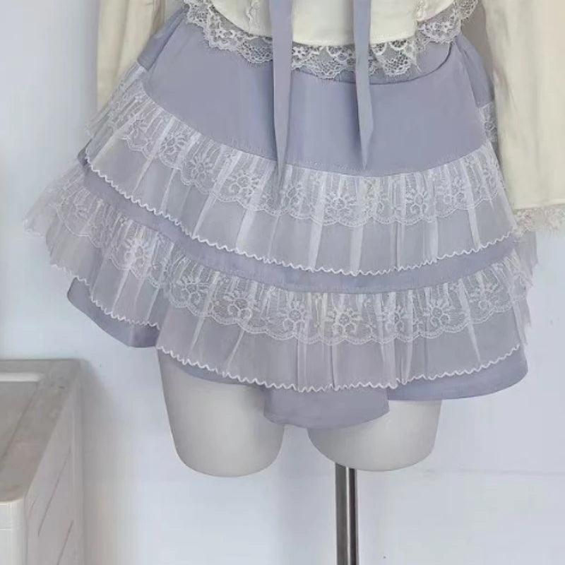 Hnewly  France Sweet Square Neck 2-piece Set Women Fashion Cute Long Sleeve Bow Slim Lace Tops Female Design High Waist Short Skirt