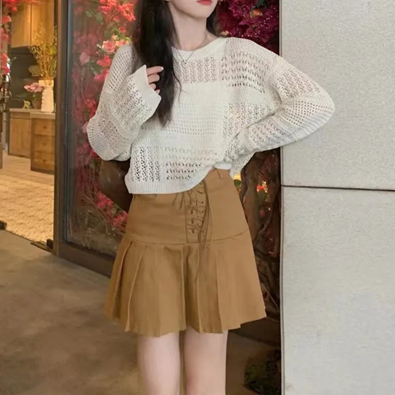 Hnewly  Long Sleeve Pointelle Knit Top Women Sheer Openwork Boxy-fit Crew Neck Pullovers Sweater Female Teen-girl Boho Vacation Outfit