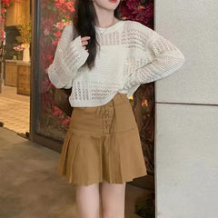 Hnewly  Long Sleeve Pointelle Knit Top Women Sheer Openwork Boxy-fit Crew Neck Pullovers Sweater Female Teen-girl Boho Vacation Outfit