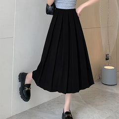Hnewly  Classic Pleated A-Line Suit Skirts Women Loose Elastic Waist Skirts for Woman Office Lady Solid Color High Waist Skirt Mujer