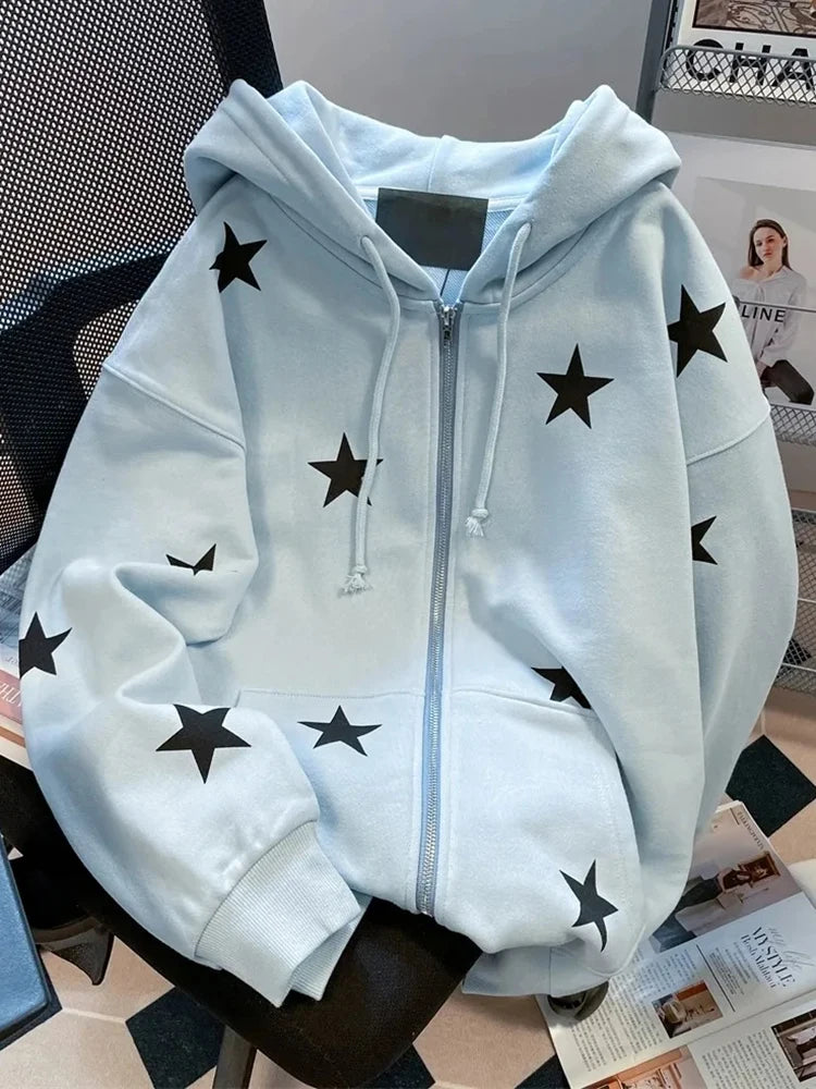 Hnewly Stars Print Hoodies Women Vintage Streetwear Long Sleeve Loos Blue Sweatshirts Casual Pockets Lace Up American Fall Tops
